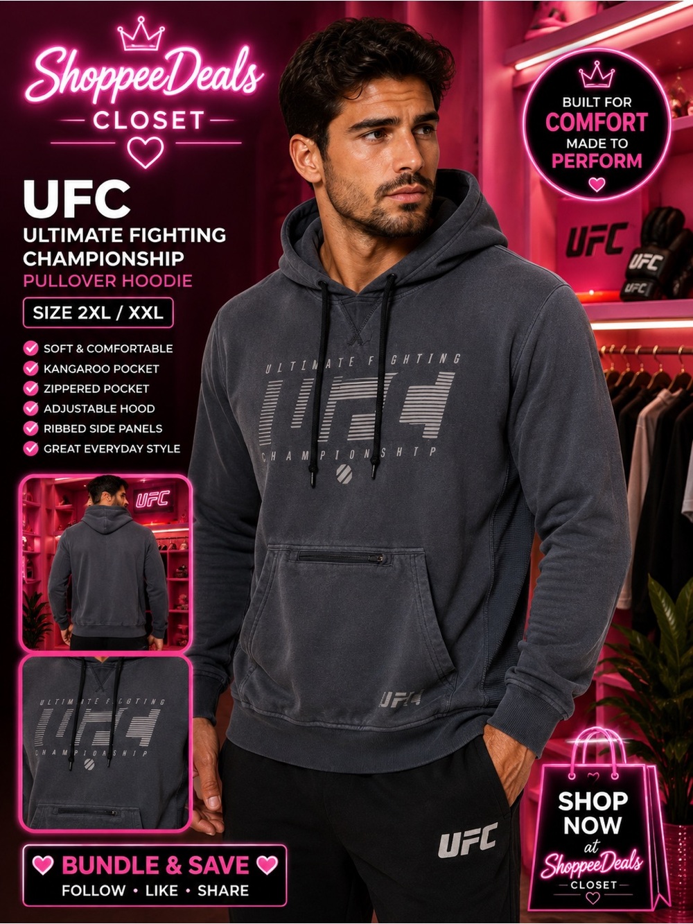 UFC Ultimate Fighting Championship Pullover Hoodie Gray 2XL